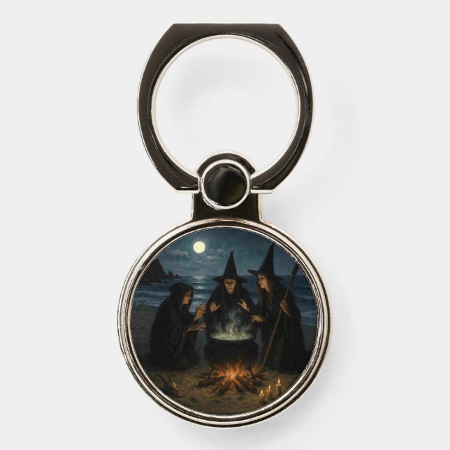 Three Witches Brew Cauldron Full Moon Beach  Phone Ring Stand (Front)