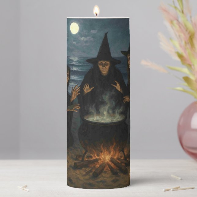 Three Witches Brew Cauldron Full Moon Beach  Pillar Candle (In Situ)