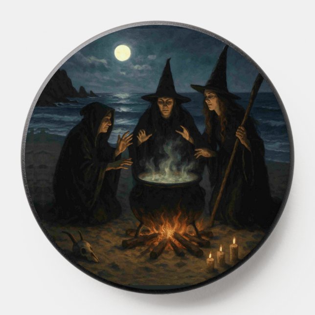 Three Witches Brew Cauldron Full Moon Beach  PopSocket (Popsocket)