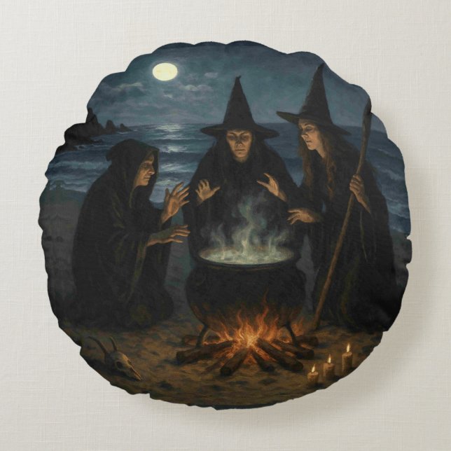 Three Witches Brew Cauldron Full Moon Beach  Round Pillow (Front)