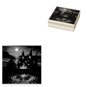 Three Witches Brew Cauldron Full Moon Beach Rubber Stamp