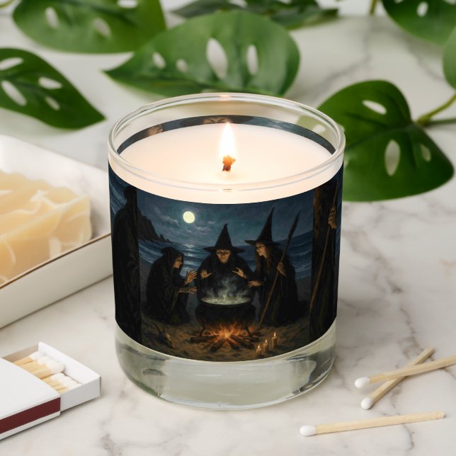Three Witches Brew Cauldron Full Moon Beach  Scented Candle (Lit)