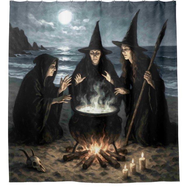 Three Witches Brew Cauldron Full Moon Beach  Shower Curtain (Front)