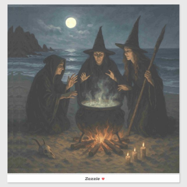 Three Witches Brew Cauldron Full Moon Beach  Sticker (Sheet)