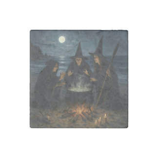 Three Witches Brew Cauldron Full Moon Beach  Stone Magnet