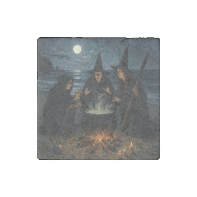 Three Witches Brew Cauldron Full Moon Beach  Stone Magnet (Front)