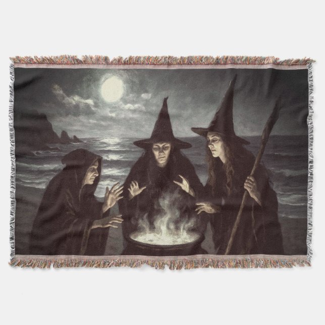 Three Witches Brew Cauldron Full Moon Beach  Throw Blanket (Front)