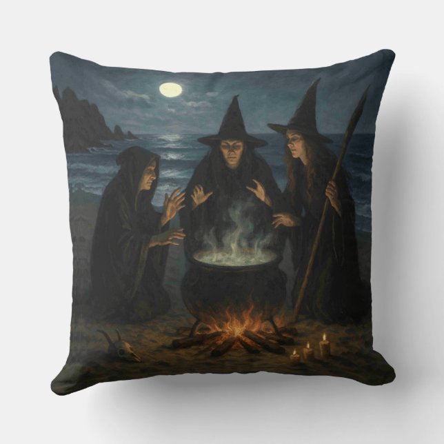 Three Witches Brew Cauldron Full Moon Beach  Throw Pillow (Back)