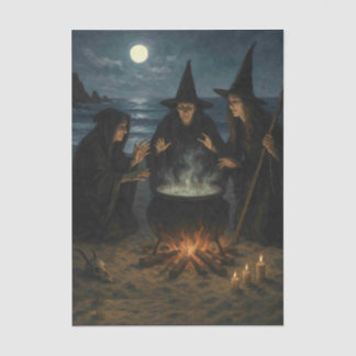 Three Witches Brew Cauldron Full Moon Beach  Tissue Paper
