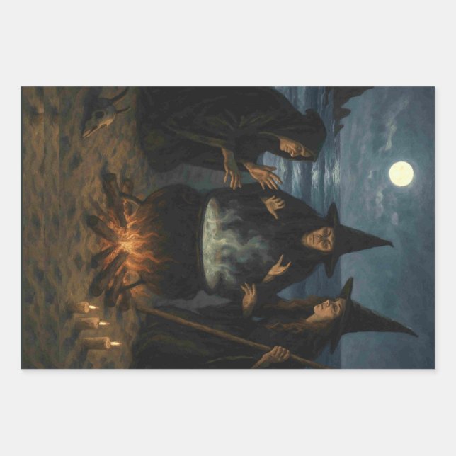 Three Witches Brew Cauldron Full Moon Beach  Wrapping Paper Sheets (Front 3)