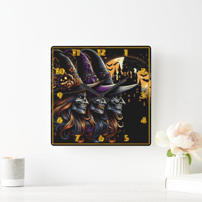Three witches cast spells on Halloween night Square Wall Clock (Home)