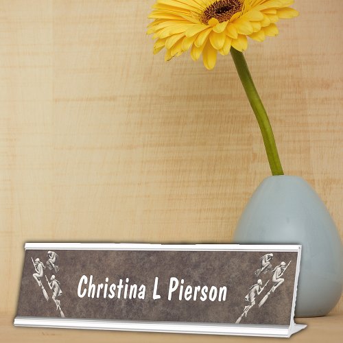 Three Witches in All White Flying on Brooms Browns Desk Name Plate