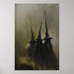 Three Witches Silhouettes in Fog Occult Poster