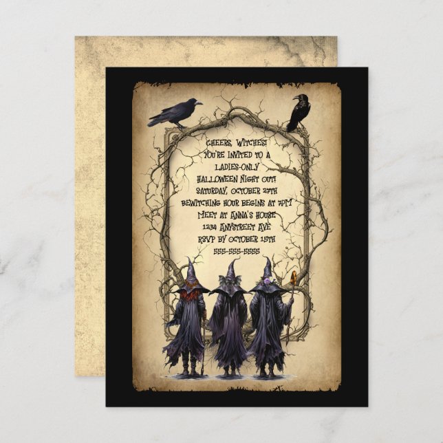 Three Witches & Twig Frame Halloween Invitation (Front/Back)