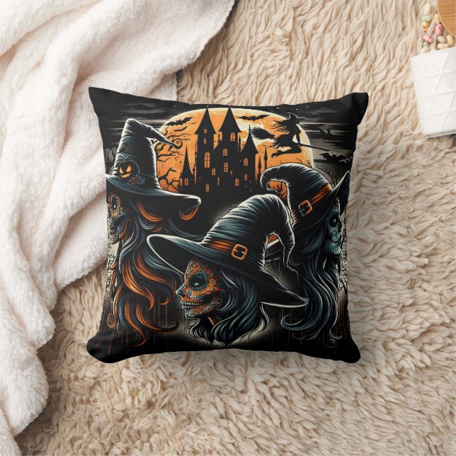 Three witches under a full moon on Halloween night Throw Pillow (Blanket)
