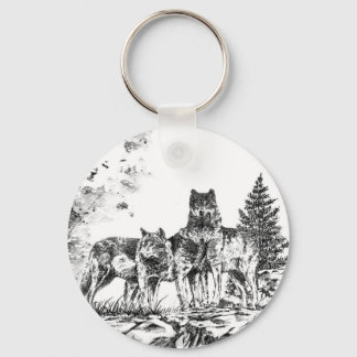 Three Wolf Illustration Key Chain