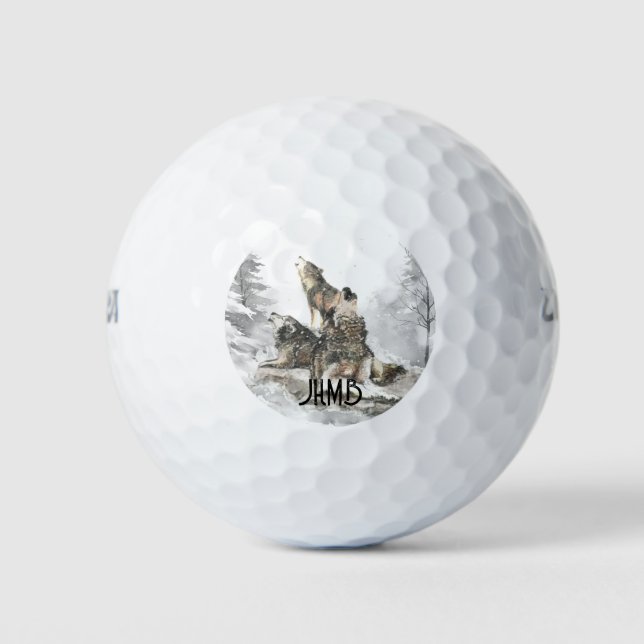Three Wolves Howling  Animal Monogram Art Golf Balls (Front)
