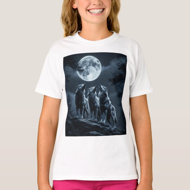Three Wolves Howling at the Full Moon - Three Wolf T-Shirt (Front)