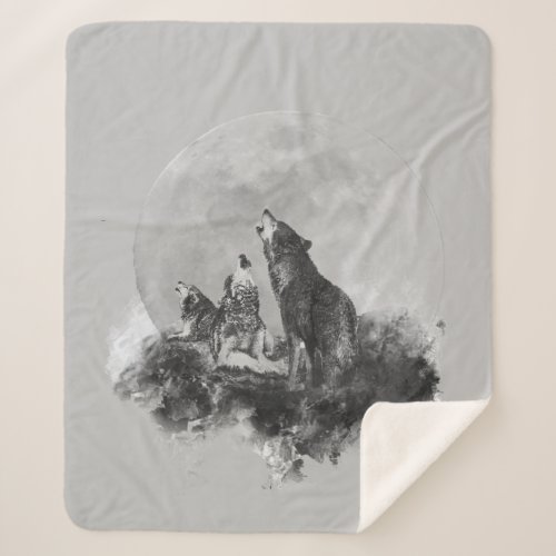 Three Wolves Howling at the Moon Graphic Art Sherpa Blanket