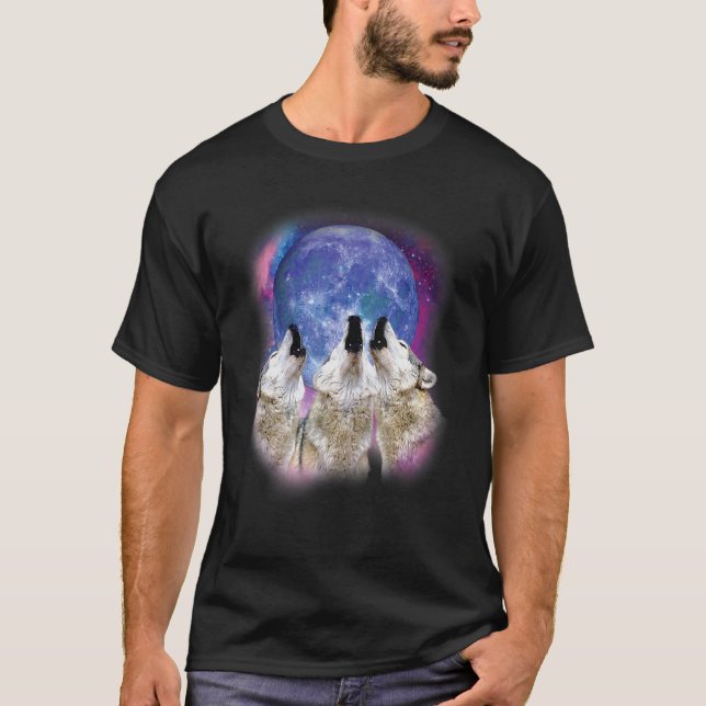Three Wolves Howling at the Moon Wolf Illustration T-Shirt (Front)