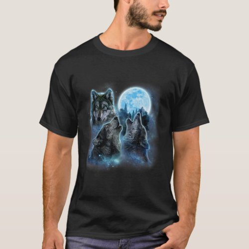 Three Wolves Howling Under Icy Full Moon Gray Wol T_Shirt