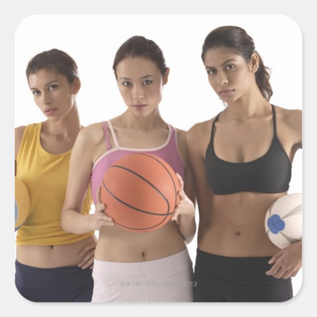three women of different race, holding square sticker (Front)