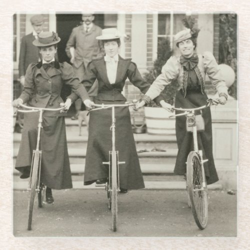 Three women on bicycles early 1900s bw photo glass coaster