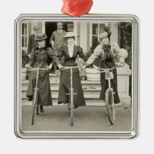 Three women on bicycles, early 1900s (b/w photo) metal ornament