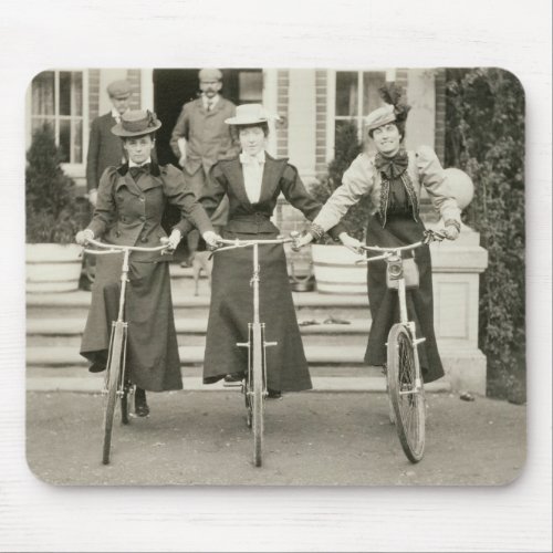 Three women on bicycles early 1900s bw photo mouse pad