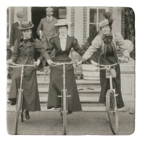 Three women on bicycles early 1900s bw photo trivet
