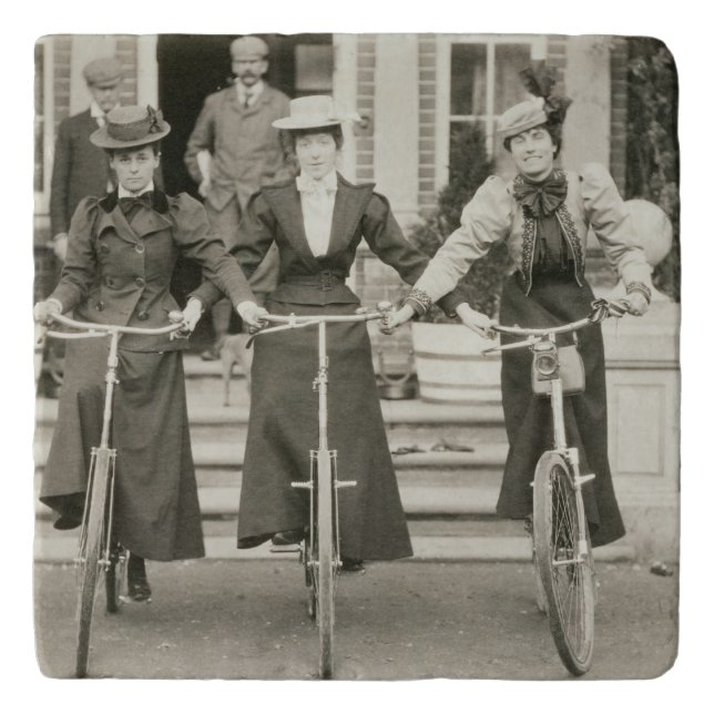 Three women on bicycles, early 1900s (b/w photo) trivet (Front)