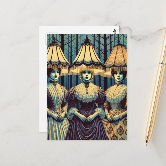 Three Women the Forest With Lampshade Hats Retro Postcard (Front/Back In Situ)
