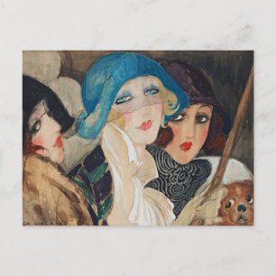 Three women under an umbrella postcard