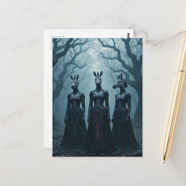 Three Women With Zebra Heads in Forest Postcard (Front/Back In Situ)