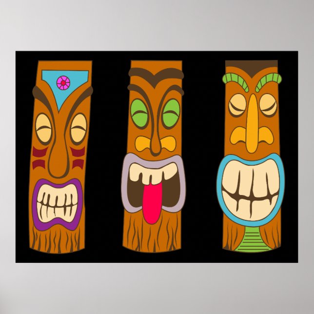 Three Wooden Tiki Statues, Funny Black Poster (Front)