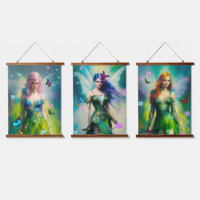 Three Woodland Female Fairy Portraits Hanging Tapestry