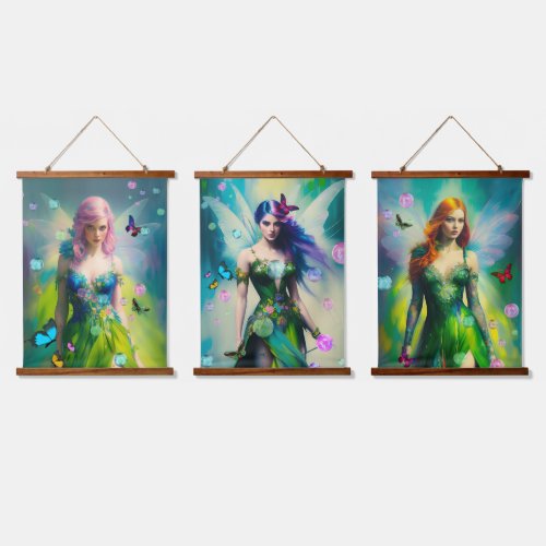 Three Woodland Female Fairy Portraits Hanging Tapestry