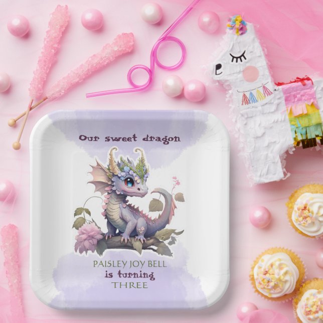 Three Year Old Girl Dragon Paper Plates (Party)