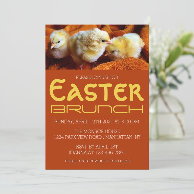 Three Yellow Chicks, Yellow & Orange Easter Brunch Announcement (Standing Front)