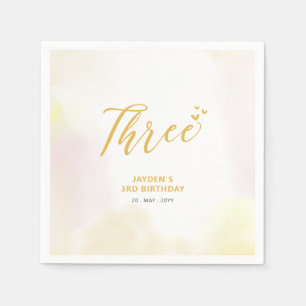 Three    Yellow Hearts & Watercolor 3rd Birthday Napkins