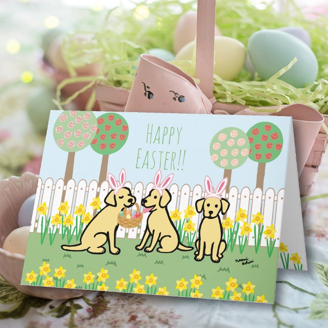 Three Yellow Labrador Easter Bunnies Garden Holiday Card (Three Labradors Easter Bunnies Greeting Cards.  Cute Labrador Cartoon Design.)