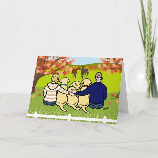 Three Yellow Labradors and Parents in autumn Card (Front)