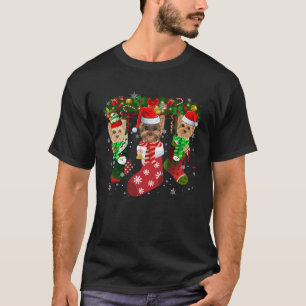 Three Yorkie In Sock Christmas Santa Hat T-Shirt