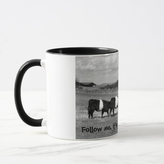 Three young Belted Galloway. "Follow me" Mug (Left)