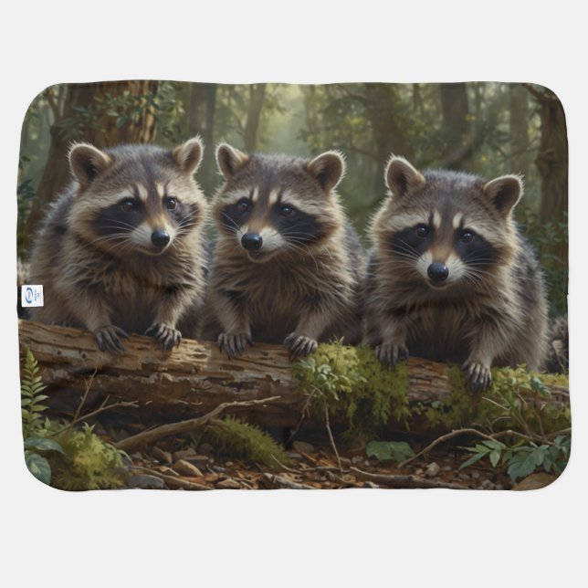 Three Young Raccoons in a Forest Baby Blanket (Back Horizontal)
