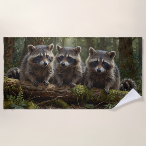 Three Young Raccoons in a Forest Beach Towel