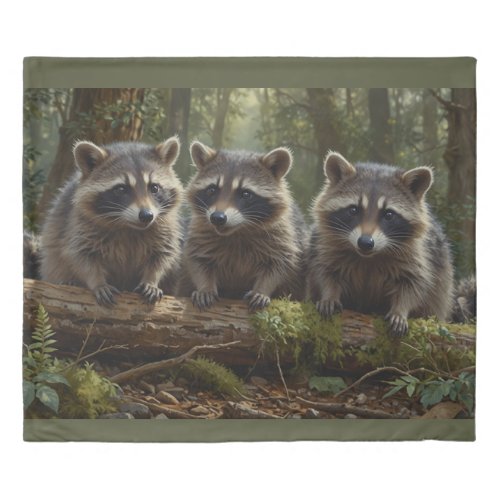 Three Young Raccoons in a Forest Duvet Cover