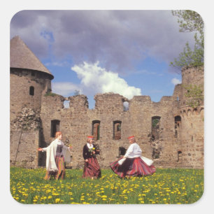 Three young women in traditional clothes square sticker