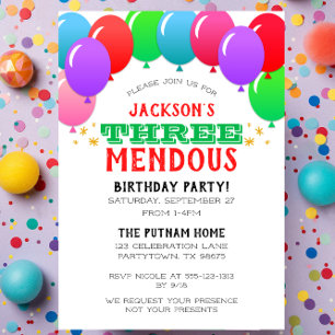 THREEmendous 3rd Birthday Balloon Banner Red Invitation