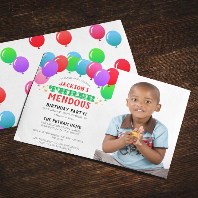 THREEmendous 3rd Birthday Balloon Red Photo Invitation (Creator Uploaded)